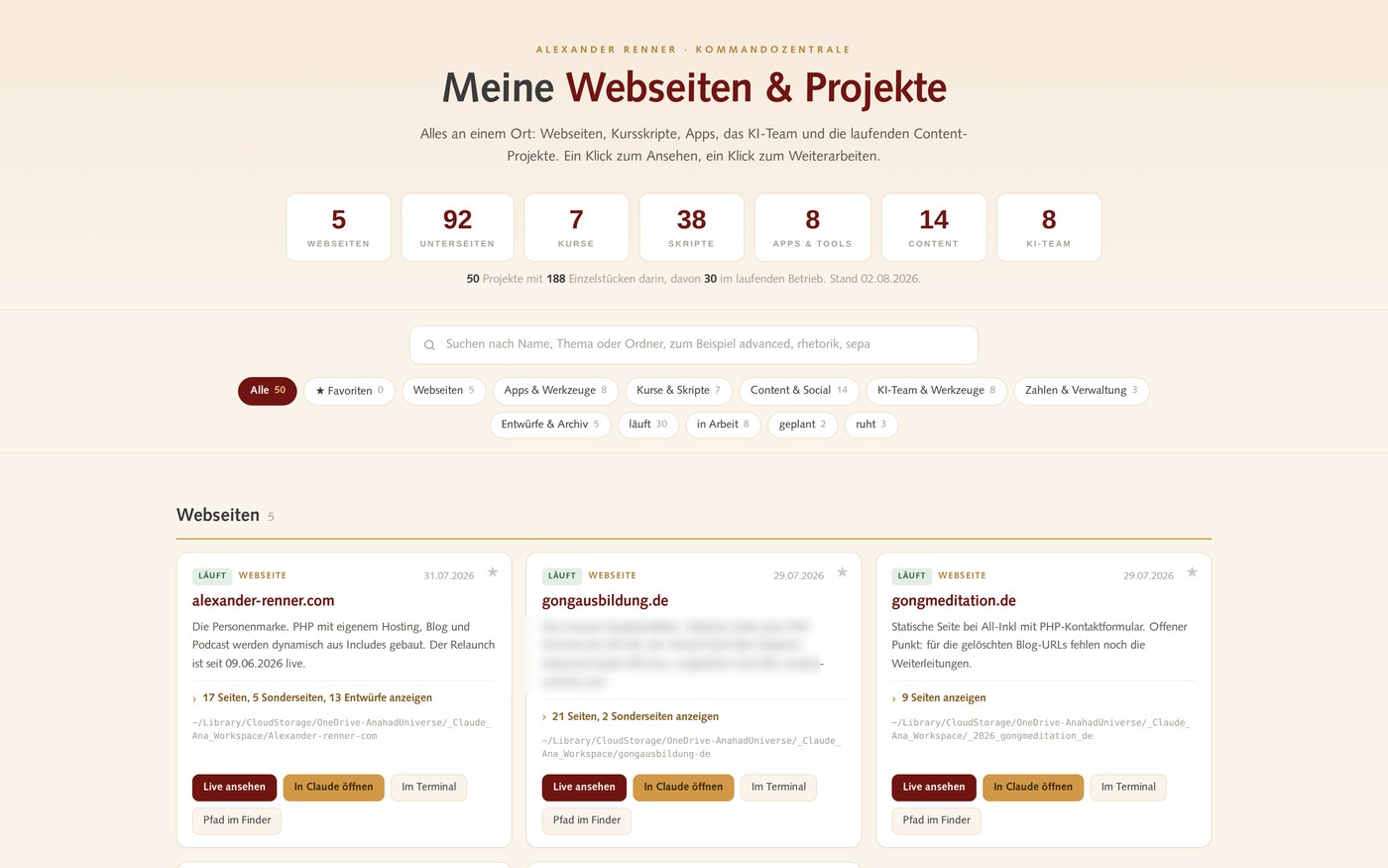 Bildschirmfoto des eigenen KI-Dashboards mit Projekten, Kursen und Kennzahlen auf einer Übersichtsseite
