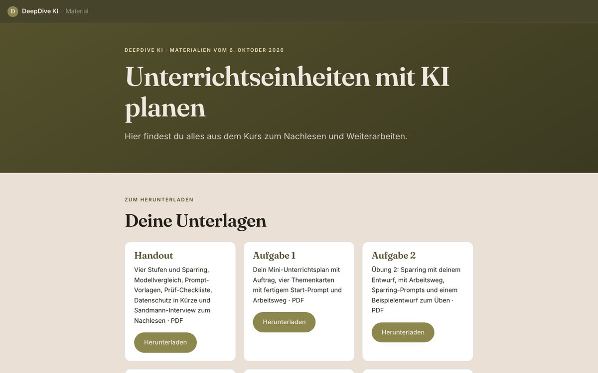 Bildschirmfoto einer Lehrseite aus dem Material für DeepDive KI mit Überschrift und Karten für Handout und Aufgaben