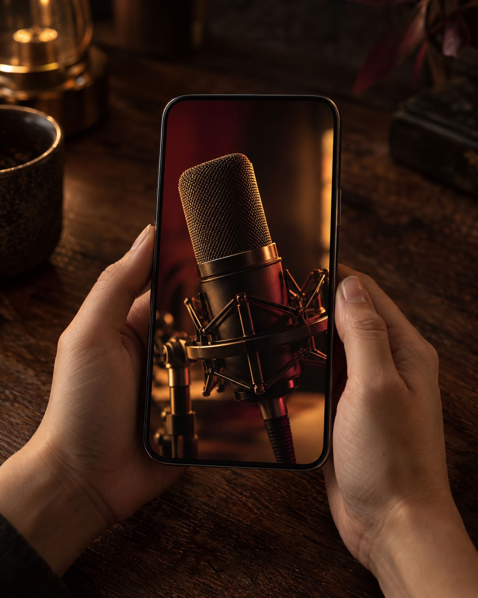 Hände halten ein Smartphone, auf dem Display ein Mikrofon im Hochformat