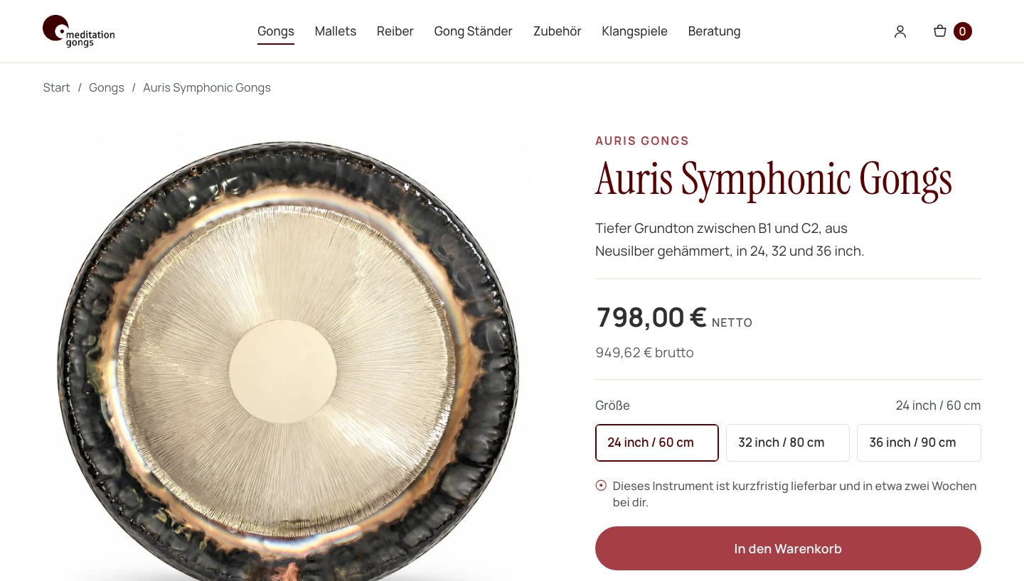 Bildschirmfoto der Produktseite eines Gongs mit Produktfoto, Preis netto und brutto, Größenwahl und Warenkorb-Knopf